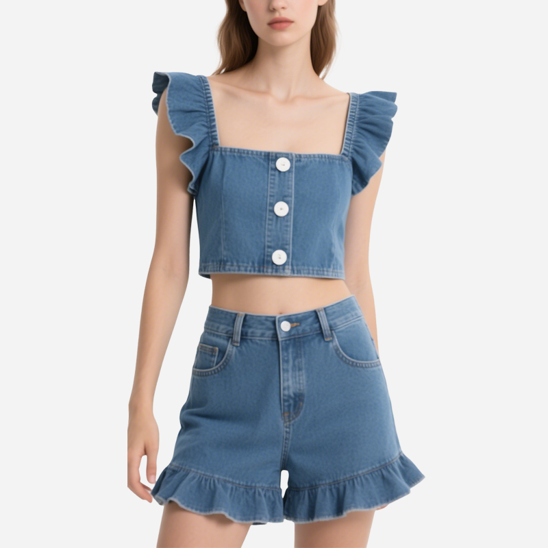 Denim Ruffled Crop Top & Shorts Set Trendy Summer