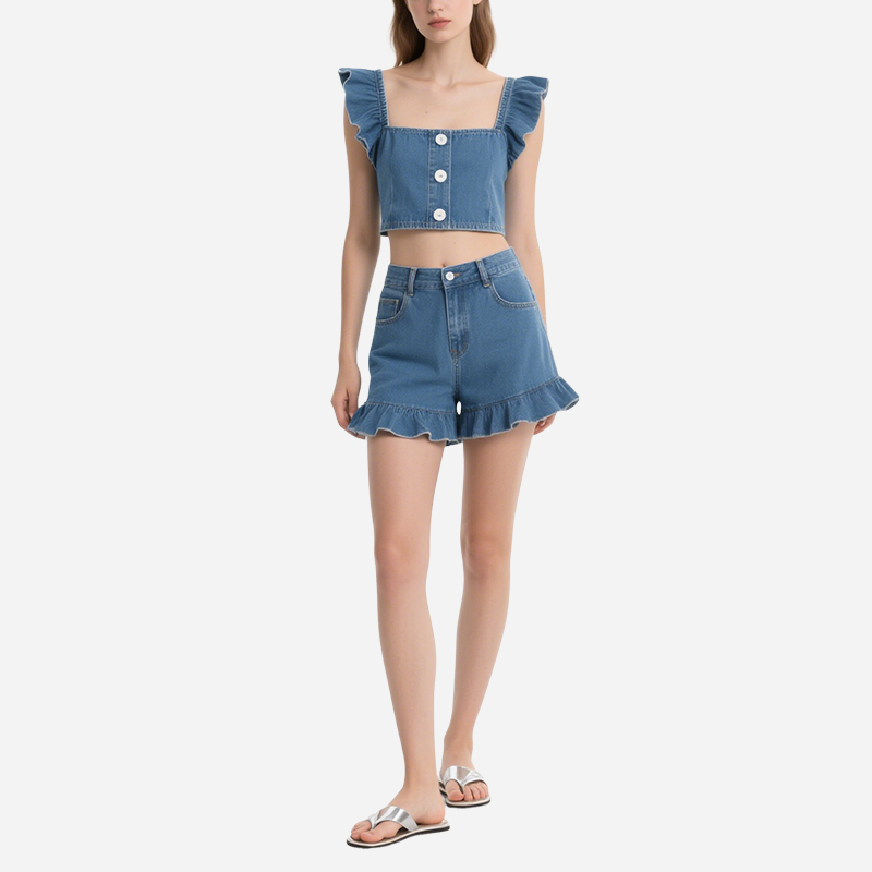 Denim Ruffled Crop Top & Shorts Set Trendy Summer