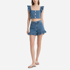 Denim Ruffled Crop Top & Shorts Set Trendy Summer