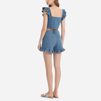 Denim Ruffled Crop Top & Shorts Set Trendy Summer