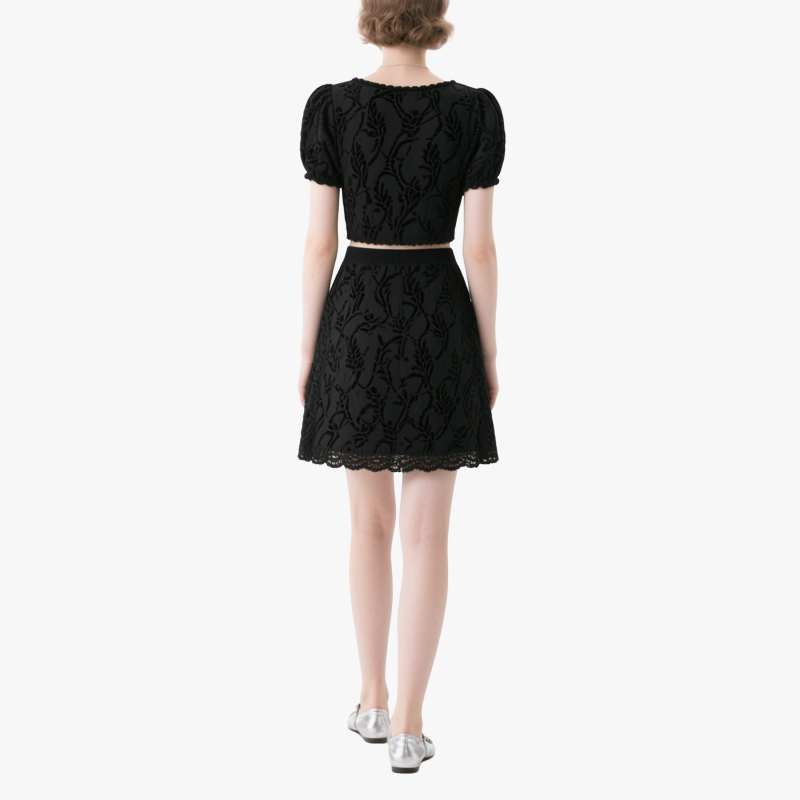 Chic Square Neck Puff Sleeve Crop Top & Embroidered Mini Skirt Set