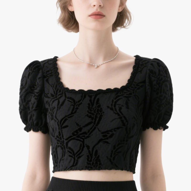 Chic Square Neck Puff Sleeve Crop Top & Embroidered Mini Skirt Set