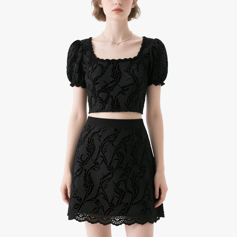 Chic Square Neck Puff Sleeve Crop Top & Embroidered Mini Skirt Set