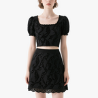 Chic Square Neck Puff Sleeve Crop Top & Embroidered Mini Skirt Set