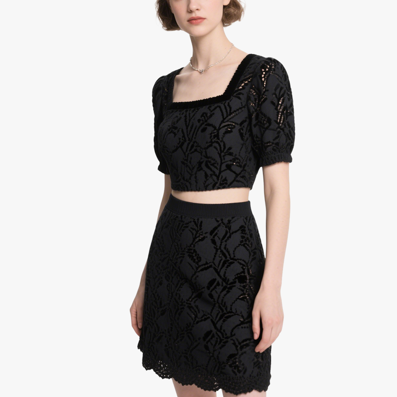 Chic Square Neck Puff Sleeve Crop Top & Embroidered Mini Skirt Set