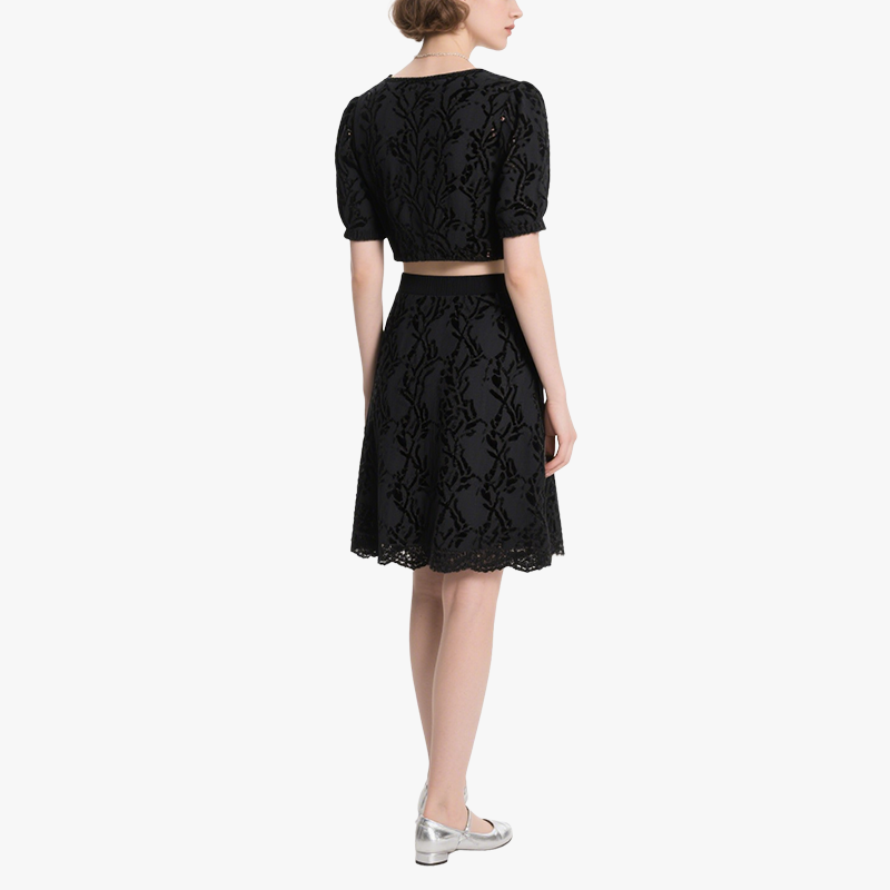 Chic Square Neck Puff Sleeve Crop Top & Embroidered Mini Skirt Set