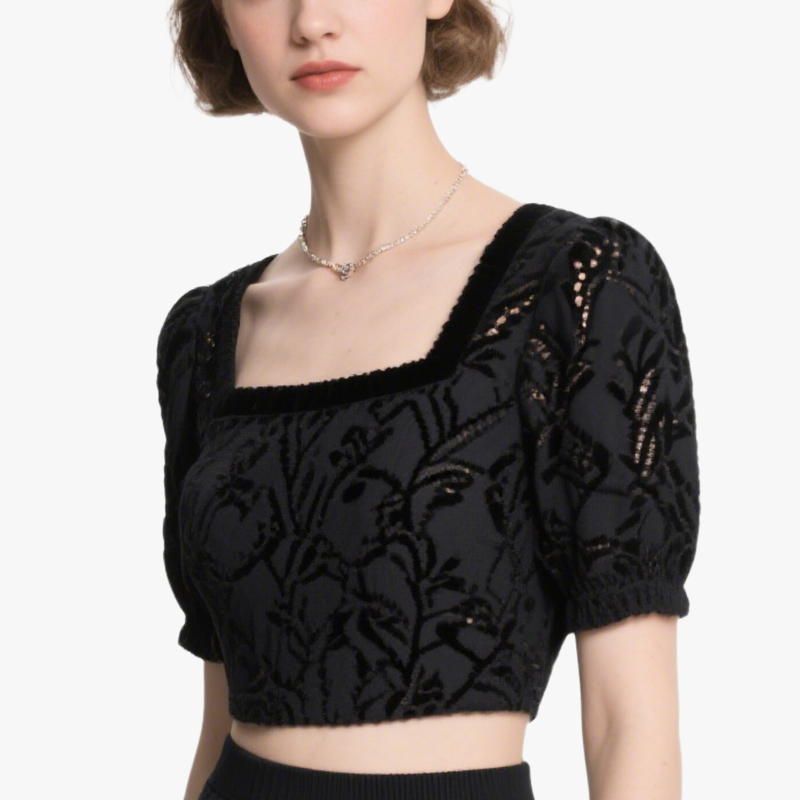 Chic Square Neck Puff Sleeve Crop Top & Embroidered Mini Skirt Set