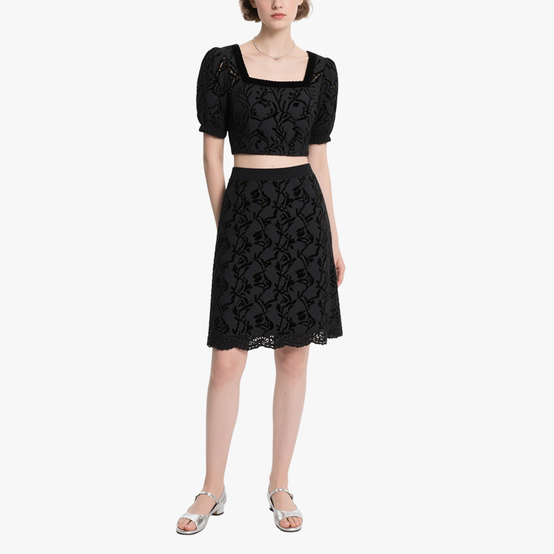 Chic Square Neck Puff Sleeve Crop Top & Embroidered Mini Skirt Set