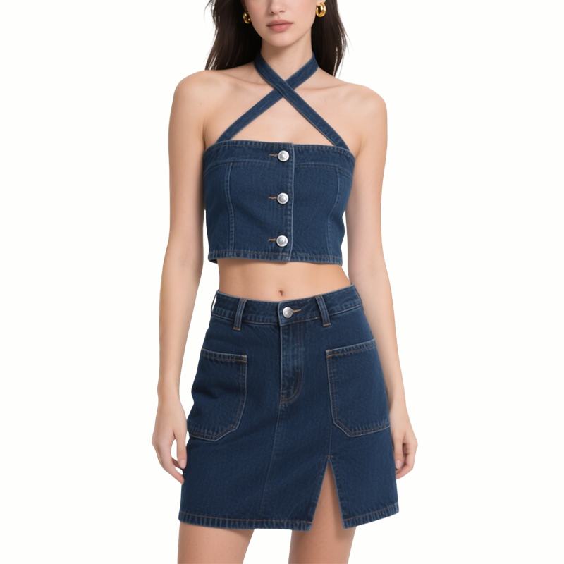 Summer Chic Denim Halter Crop Top & Mini Skirt Set