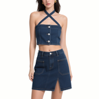 Summer Chic Denim Halter Crop Top & Mini Skirt Set