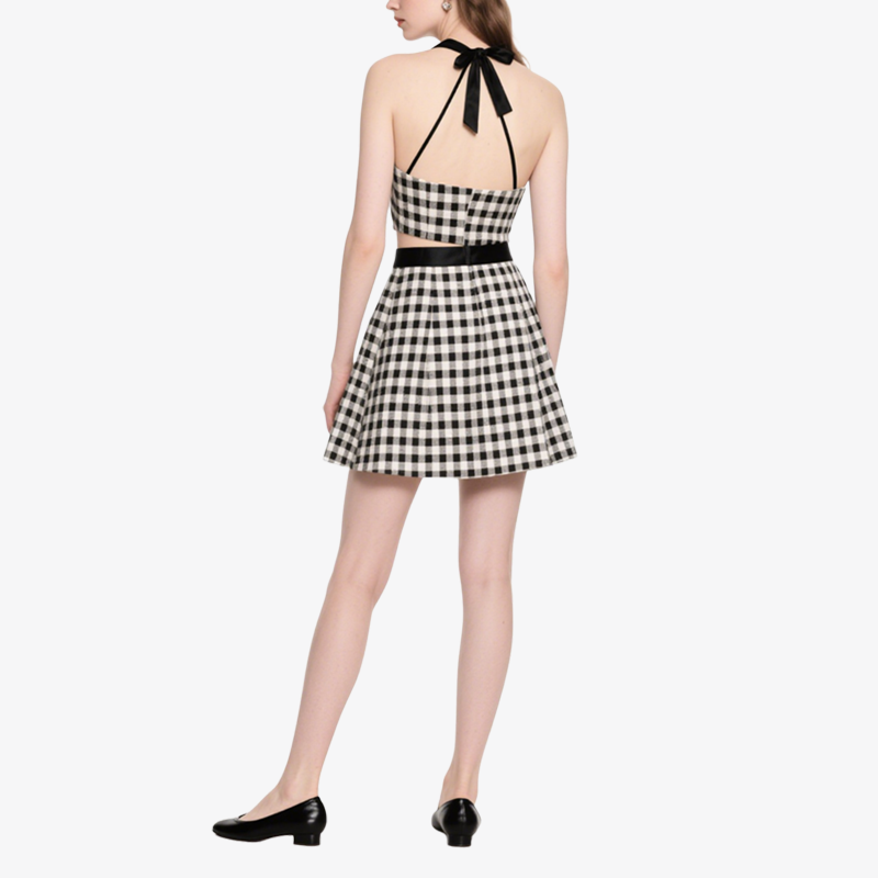 Stylish Retro Gingham Halter Crop Top & Mini Skirt Set