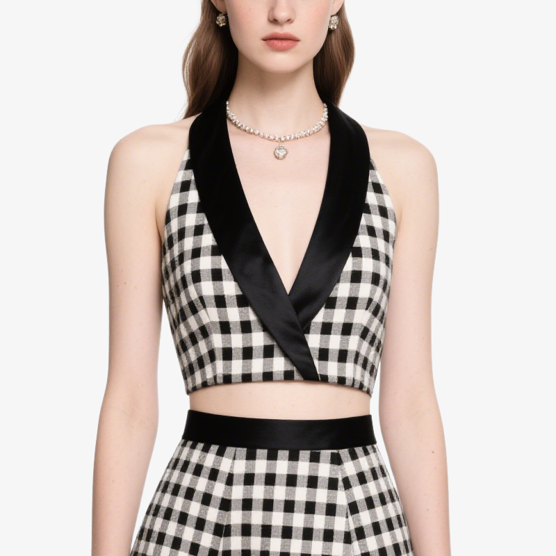 Stylish Retro Gingham Halter Crop Top & Mini Skirt Set