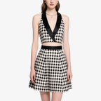 Stylish Retro Gingham Halter Crop Top & Mini Skirt Set