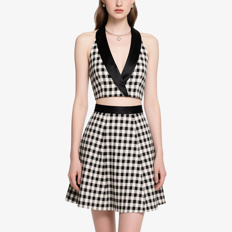 Stylish Retro Gingham Halter Crop Top & Mini Skirt Set