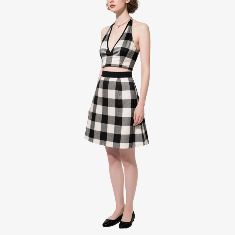 Trend Black White Plaid Halter Crop Top & Flared Skirt