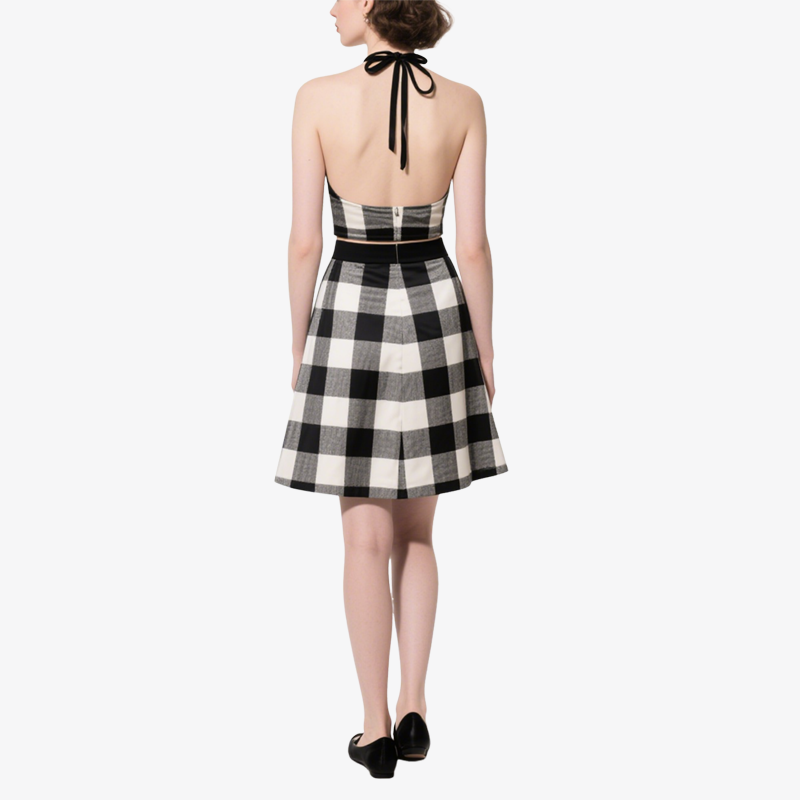 Trend Black White Plaid Halter Crop Top & Flared Skirt