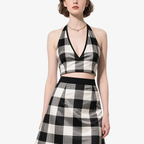 Trend Black White Plaid Halter Crop Top & Flared Skirt