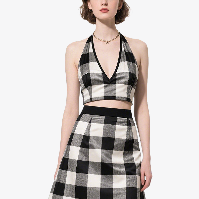 Trend Black White Plaid Halter Crop Top & Flared Skirt