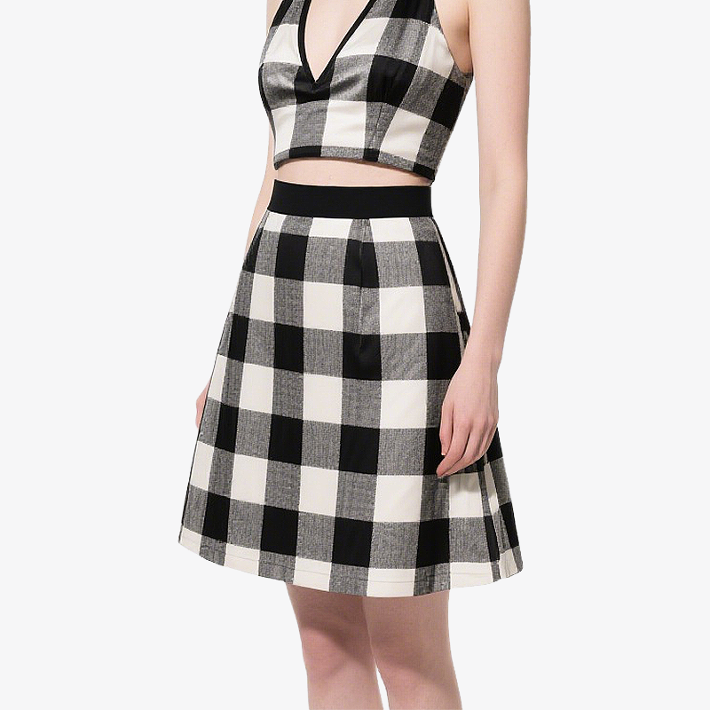 Trend Black White Plaid Halter Crop Top & Flared Skirt