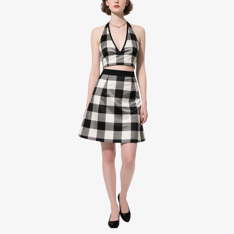 Trend Black White Plaid Halter Crop Top & Flared Skirt