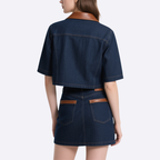 Trendy Denim Jacket with Leather Trimmed Collar & Denim Mini Skirt Set