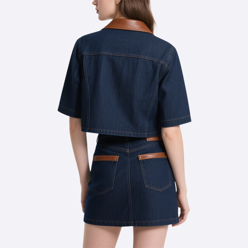 Trendy Denim Jacket with Leather Trimmed Collar & Denim Mini Skirt Set