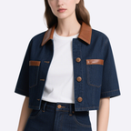 Trendy Denim Jacket with Leather Trimmed Collar & Denim Mini Skirt Set