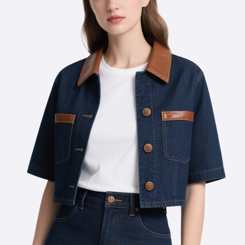 Trendy Denim Jacket with Leather Trimmed Collar & Denim Mini Skirt Set