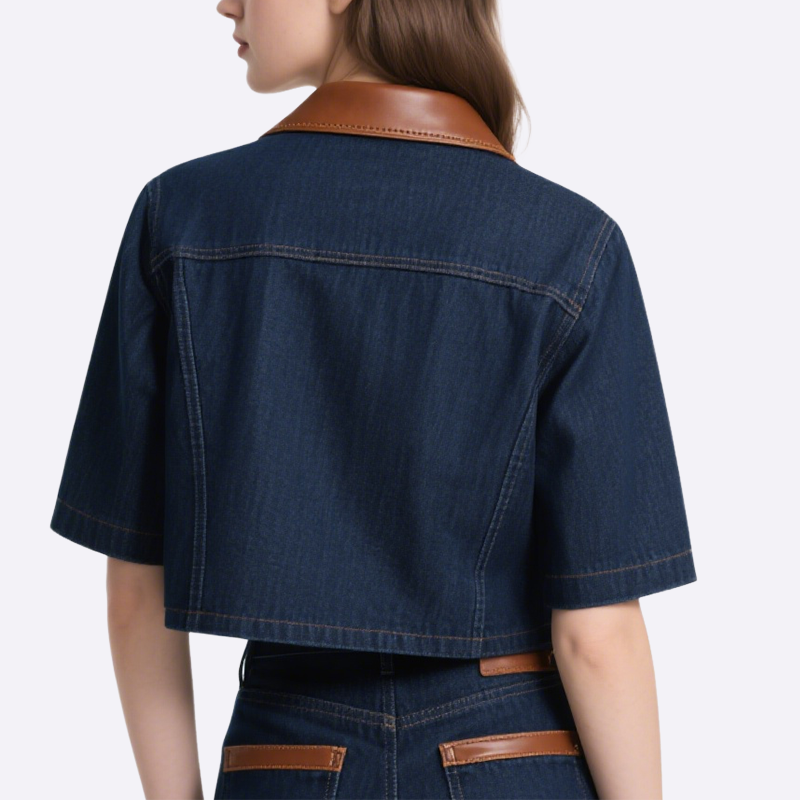 Trendy Denim Jacket with Leather Trimmed Collar & Denim Mini Skirt Set
