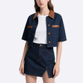 Trendy Denim Jacket with Leather Trimmed Collar & Denim Mini Skirt Set