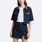 Trendy Denim Jacket with Leather Trimmed Collar & Denim Mini Skirt Set
