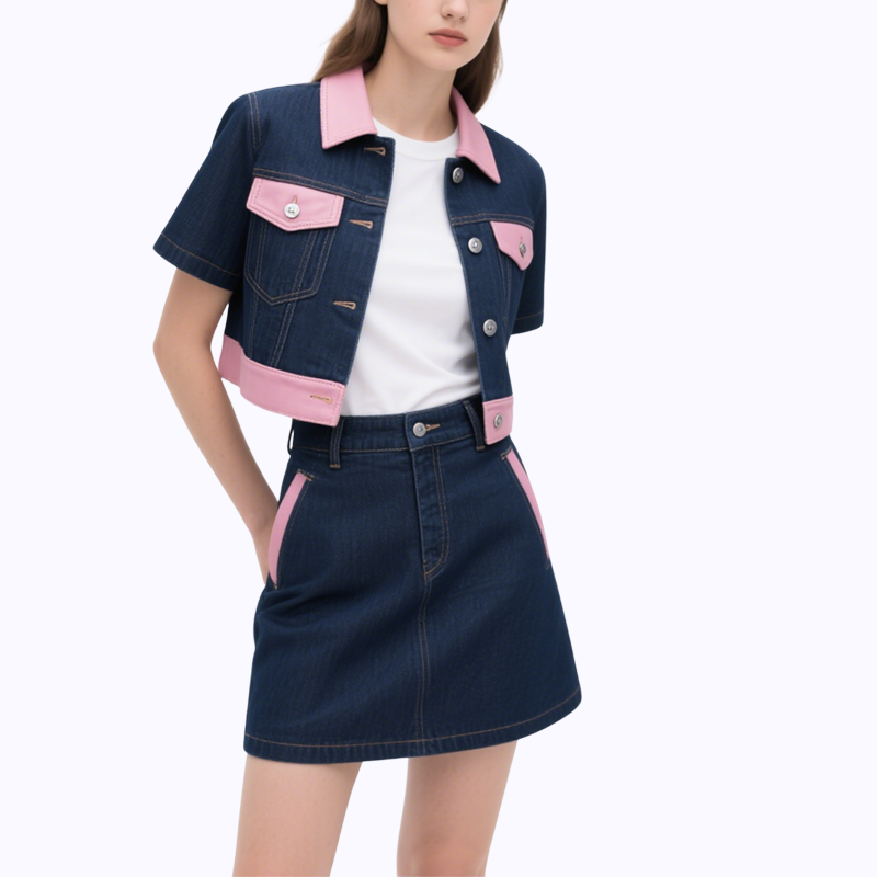 Short Sleeve Denim Jacket & Denim Mini Skirt Set Chic Trendy