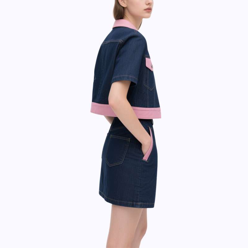 Short Sleeve Denim Jacket & Denim Mini Skirt Set Chic Trendy