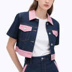 Short Sleeve Denim Jacket & Denim Mini Skirt Set Chic Trendy