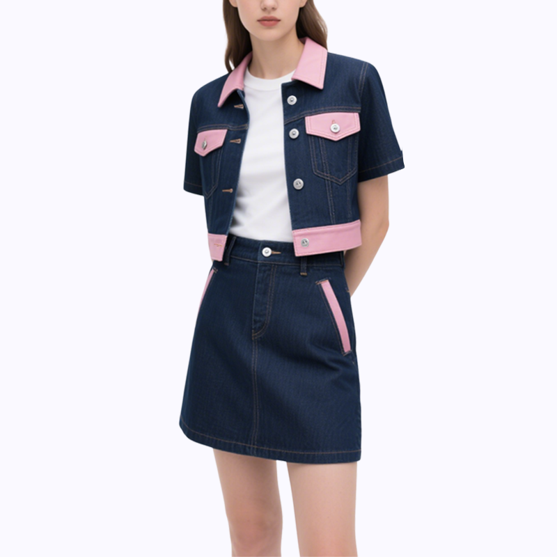 Short Sleeve Denim Jacket & Denim Mini Skirt Set Chic Trendy