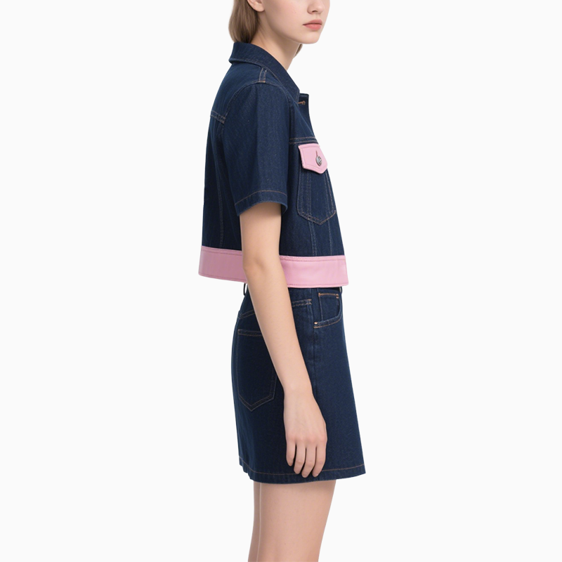 Short Sleeve Denim Jacket & Denim Mini Skirt Set Chic Trendy