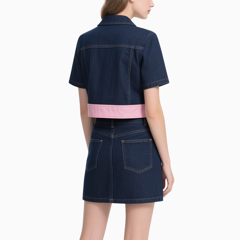 Short Sleeve Denim Jacket & Denim Mini Skirt Set Chic Trendy