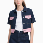 Short Sleeve Denim Jacket & Denim Mini Skirt Set Chic Trendy