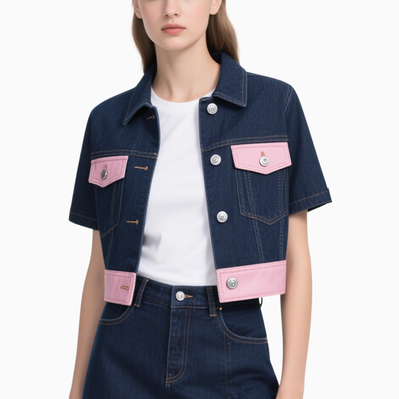 Short Sleeve Denim Jacket & Denim Mini Skirt Set Chic Trendy