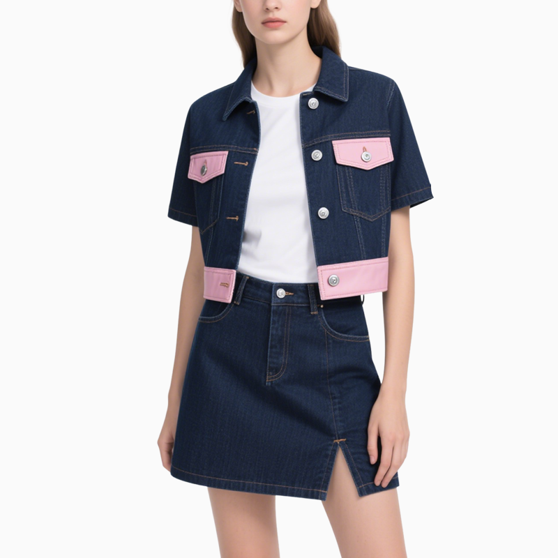 Short Sleeve Denim Jacket & Denim Mini Skirt Set Chic Trendy