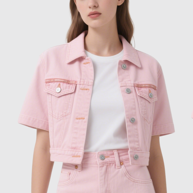 Chic Short Sleeve Denim Jacket and Split Mini Skirt  Set