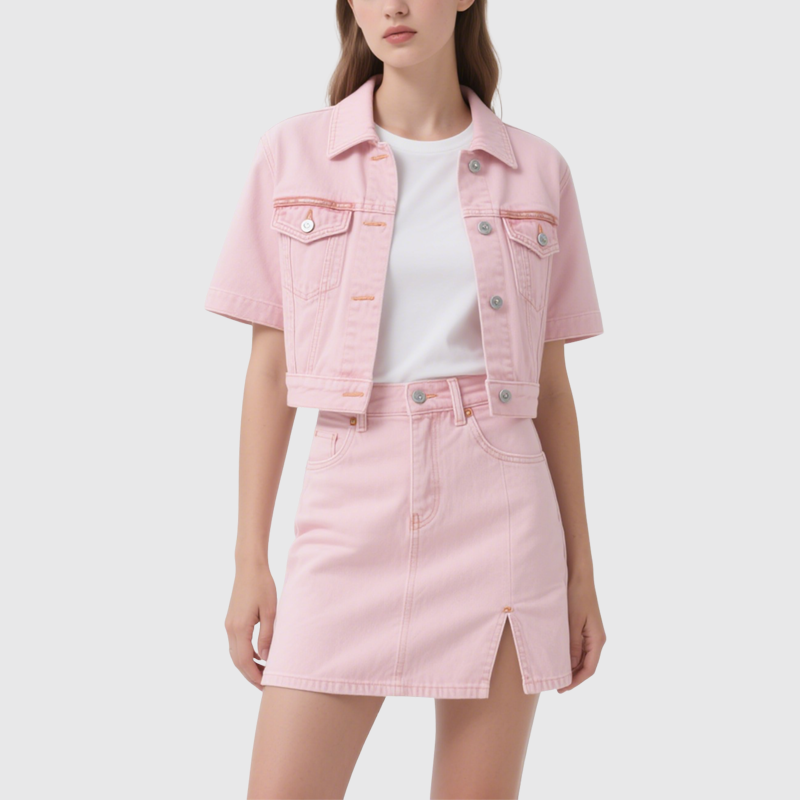 Chic Short Sleeve Denim Jacket and Split Mini Skirt  Set