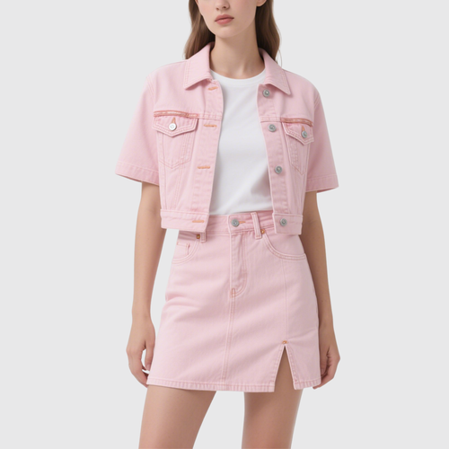 Chic Short Sleeve Denim Jacket and Split Mini Skirt  Set