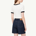 Chic Stylish Pinstripe Top with Bow Denim Shorts Set