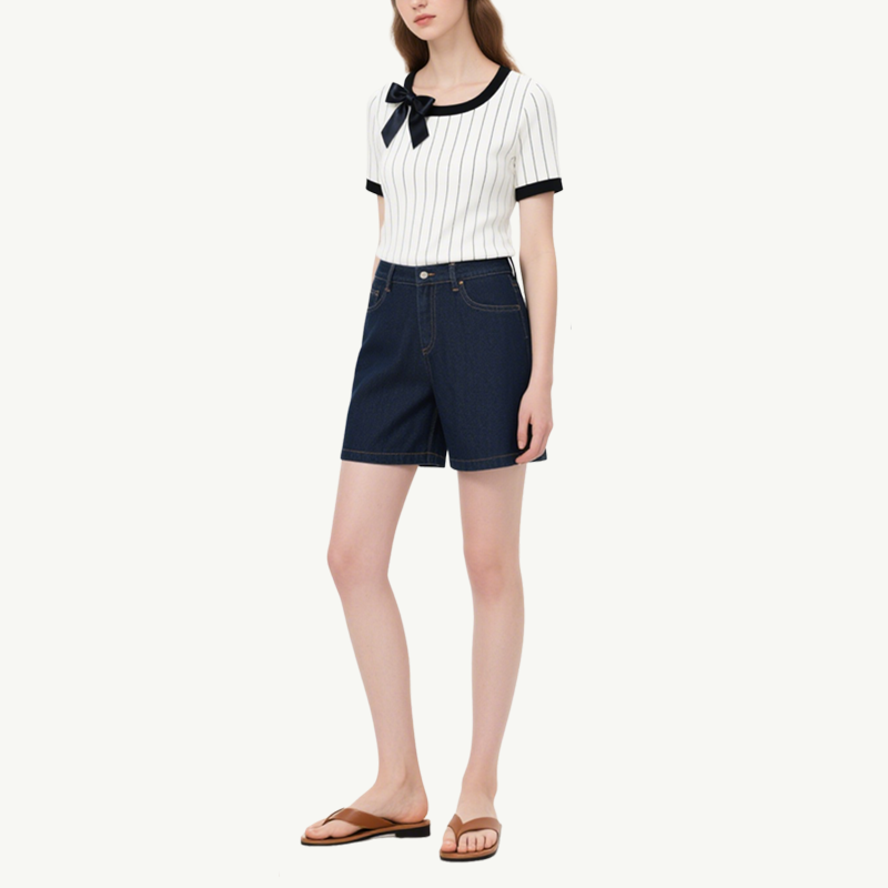 Chic Stylish Pinstripe Top with Bow Denim Shorts Set