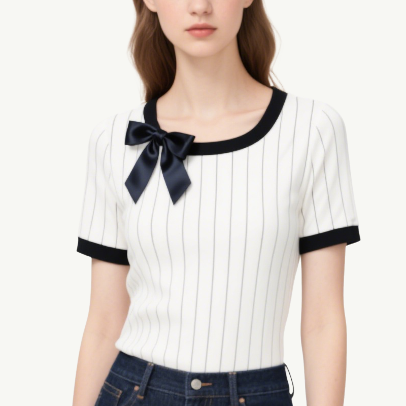 Chic Stylish Pinstripe Top with Bow Denim Shorts Set
