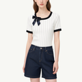 Chic Stylish Pinstripe Top with Bow Denim Shorts Set
