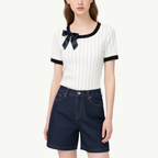 Chic Stylish Pinstripe Top with Bow Denim Shorts Set