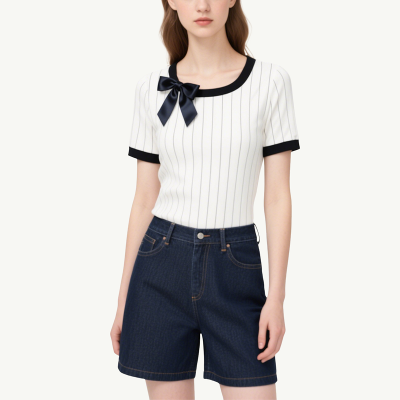 Chic Stylish Pinstripe Top with Bow Denim Shorts Set