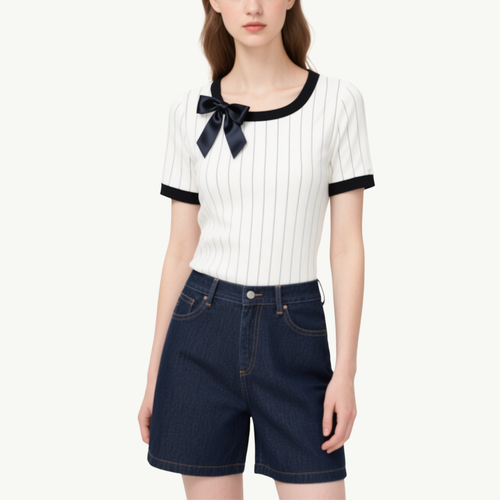Chic Stylish Pinstripe Top with Bow Denim Shorts Set